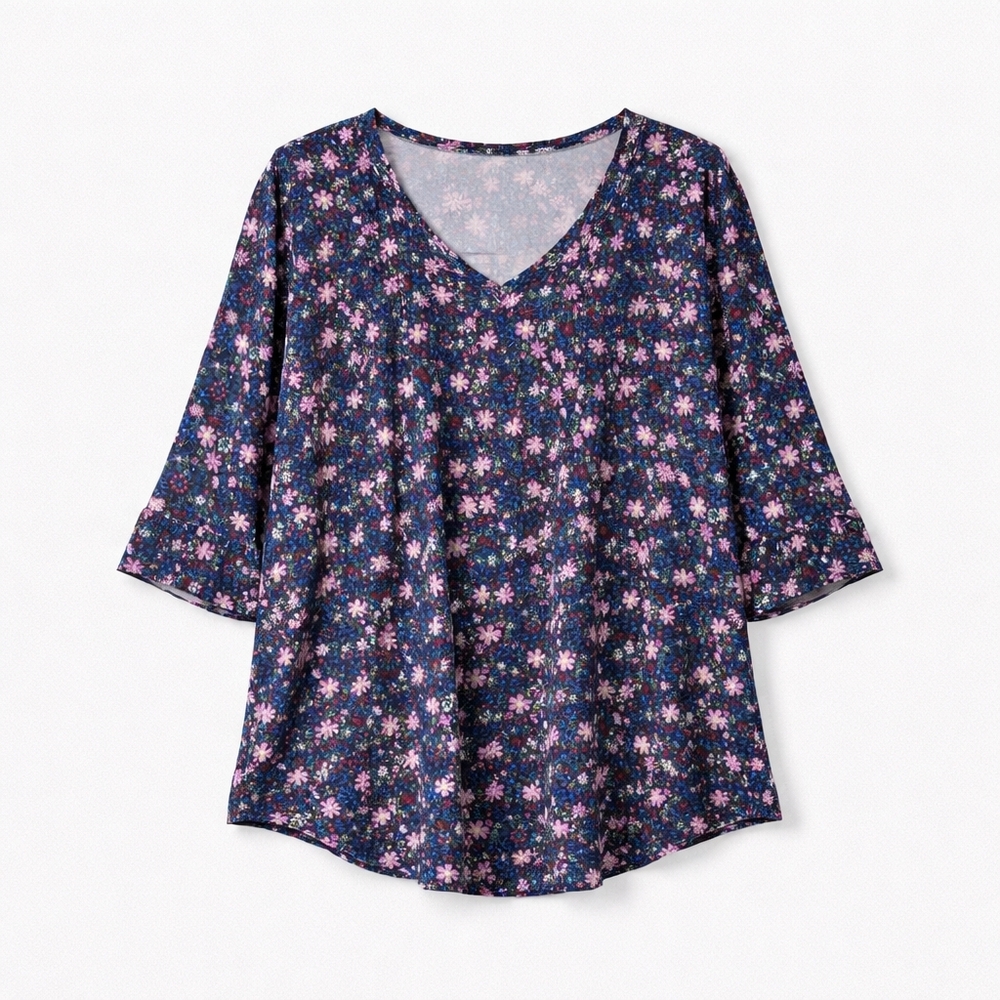 Womens Large L Floral Pink V-Neck Blouse in Navy